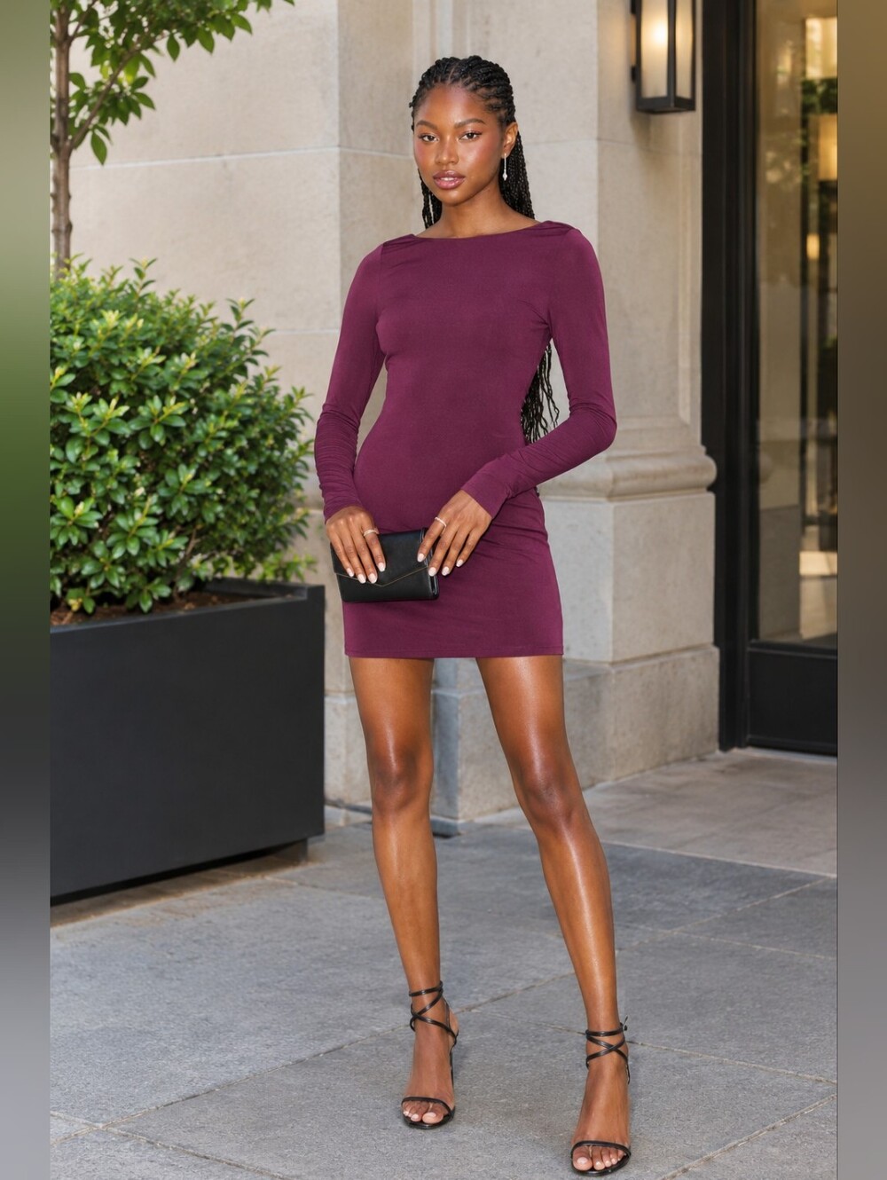New | Lulus - Plum Purple Jersey Knit Open Back Long Sleeve Mini Dress - Size M